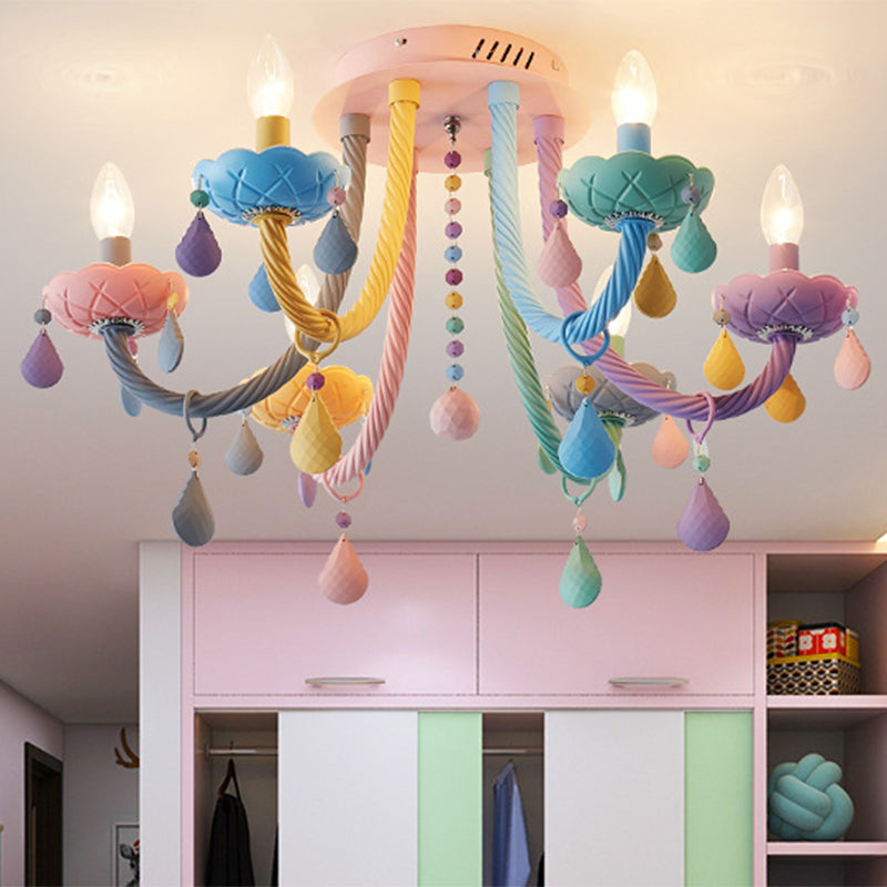 Macaron Candelabra Semi-Flush Mount Ceiling Light with 5/6 Metal Lights in Blue-Pink-Yellow for Bedrooms