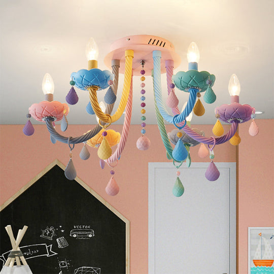 Macaron Candelabra Semi-Flush Mount Ceiling Light with 5/6 Metal Lights in Blue-Pink-Yellow for Bedrooms