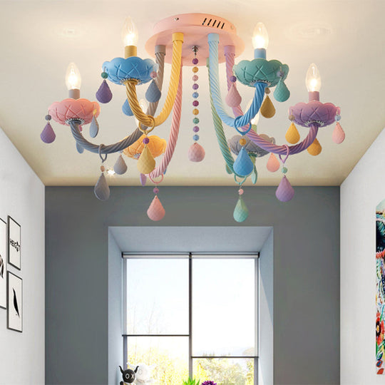 Macaron Candelabra Semi-Flush Mount Ceiling Light with 5/6 Metal Lights in Blue-Pink-Yellow for Bedrooms