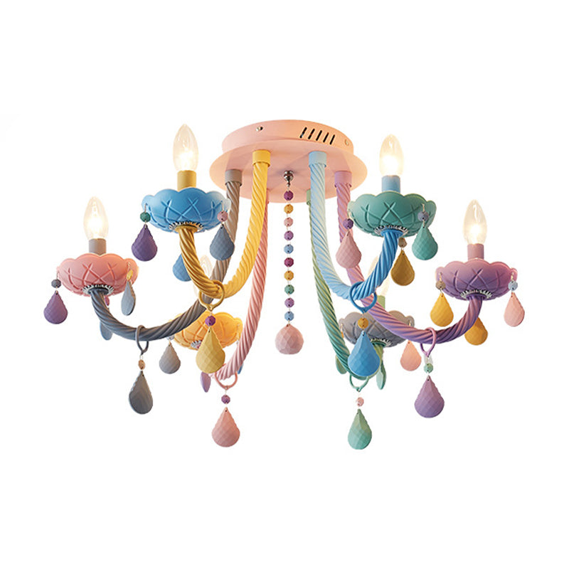 Macaron Candelabra Semi-Flush Mount Ceiling Light with 5/6 Metal Lights in Blue-Pink-Yellow for Bedrooms