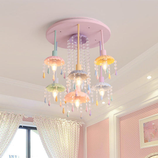 Sleek Pink Semi-Flush Mount Ceiling Light With Crystal Drop - Macaron Metal 7-Light Fixture For