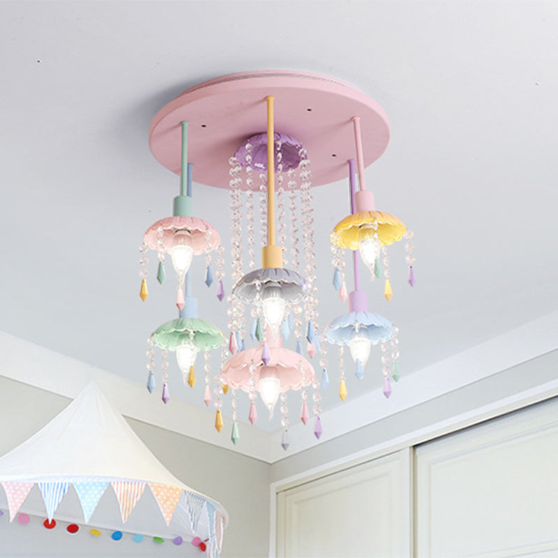 Sleek Pink Semi-Flush Mount Ceiling Light With Crystal Drop - Macaron Metal 7-Light Fixture For