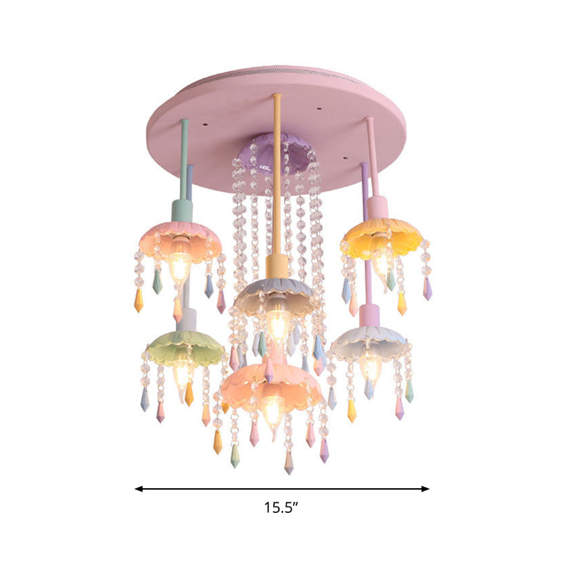 Sleek Pink Semi-Flush Mount Ceiling Light With Crystal Drop - Macaron Metal 7-Light Fixture For