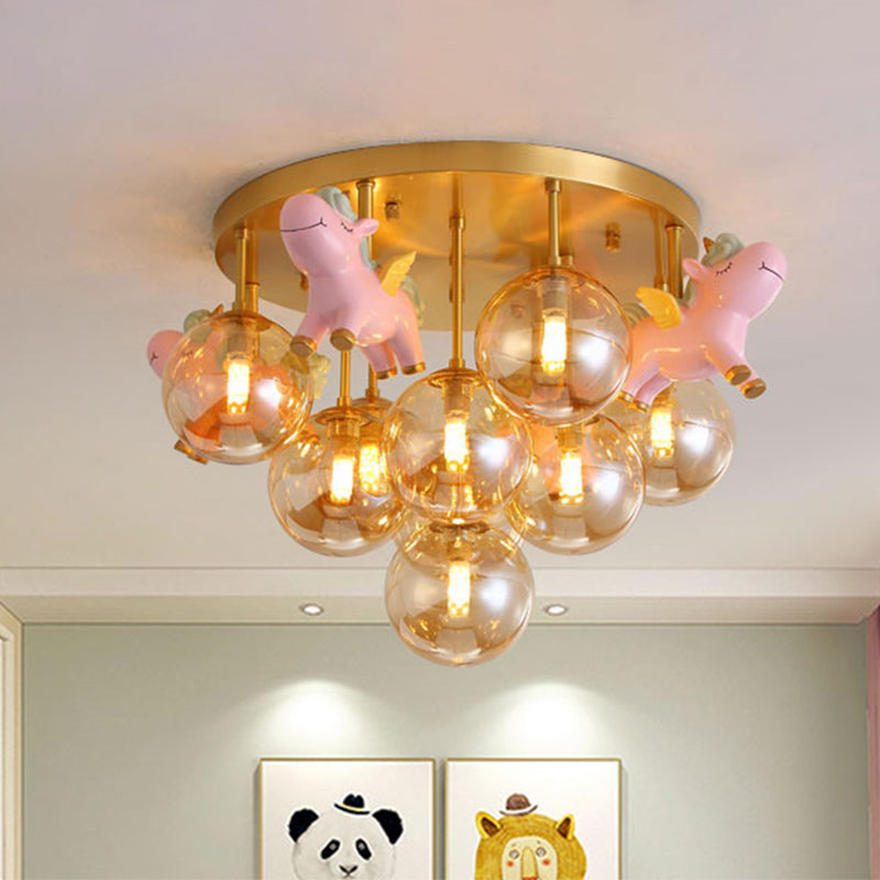 Gold Metal Cartoon Pony Semi-Flush Mount Lamp with Amber Glass Shades - 9 Head Macaron Ceiling Light Fixture