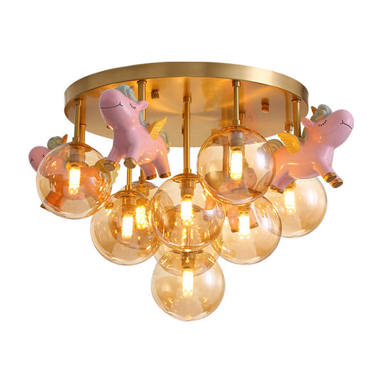 Gold Metal Cartoon Pony Semi-Flush Mount Lamp with Amber Glass Shades - 9 Head Macaron Ceiling Light Fixture