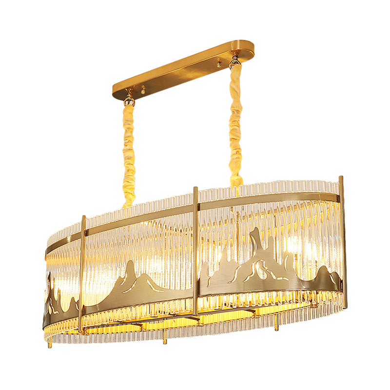 Modern Oval Crystal Rod Island Pendant Lamp With Gold Carved Mountain Pattern