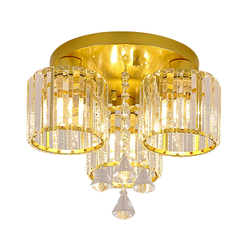 Mid Century Gold Finish Cylindrical Crystal Prism Flush Mount Chandelier - 3/5 Heads