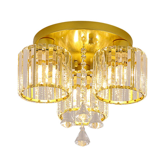 Mid Century Gold Finish Cylindrical Crystal Prism Flush Mount Chandelier - 3/5 Heads