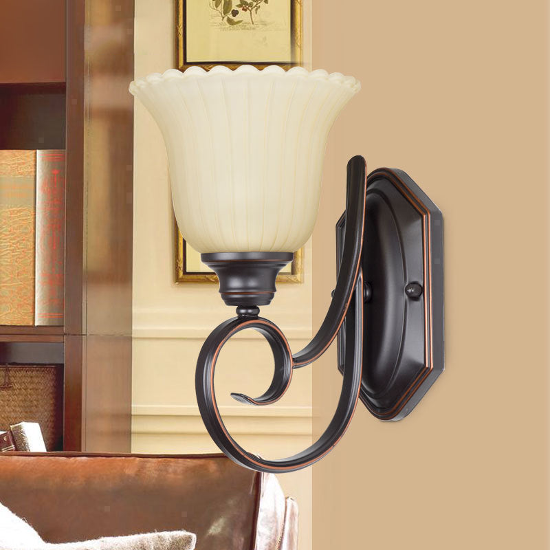 Antiqued Corner Wall Mount Lamp With Flower White Glass Shade - Black Finish