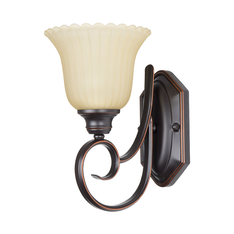 Antiqued Corner Wall Mount Lamp With Flower White Glass Shade - Black Finish