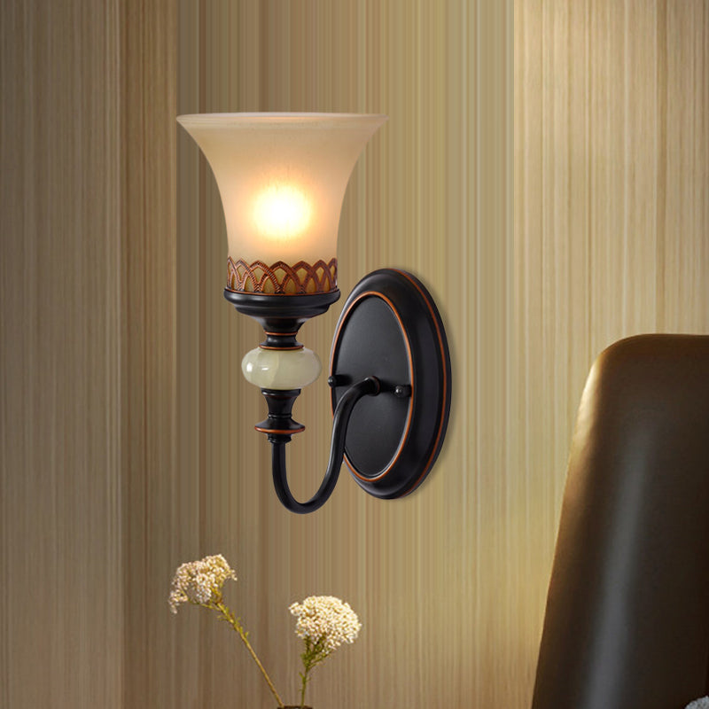 Vintage Tan Glass Black Bell Up Wall Lamp Fixture - Elegant Accent For Living Room