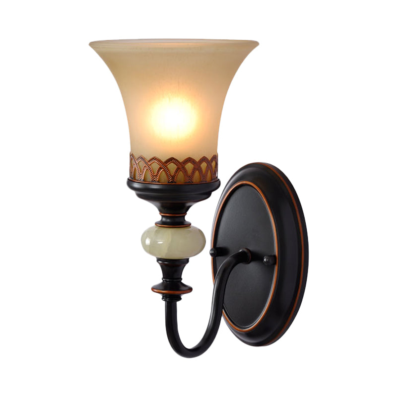 Vintage Tan Glass Black Bell Up Wall Lamp Fixture - Elegant Accent For Living Room