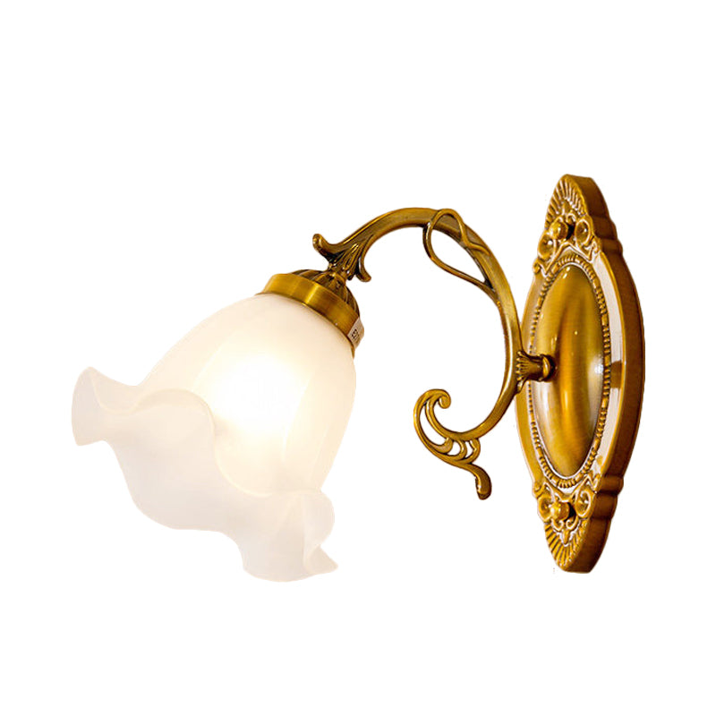 Opal Glass Wall Light Fixture - Traditional Brass/Bronze Finish Flower Design Indoor Lamp