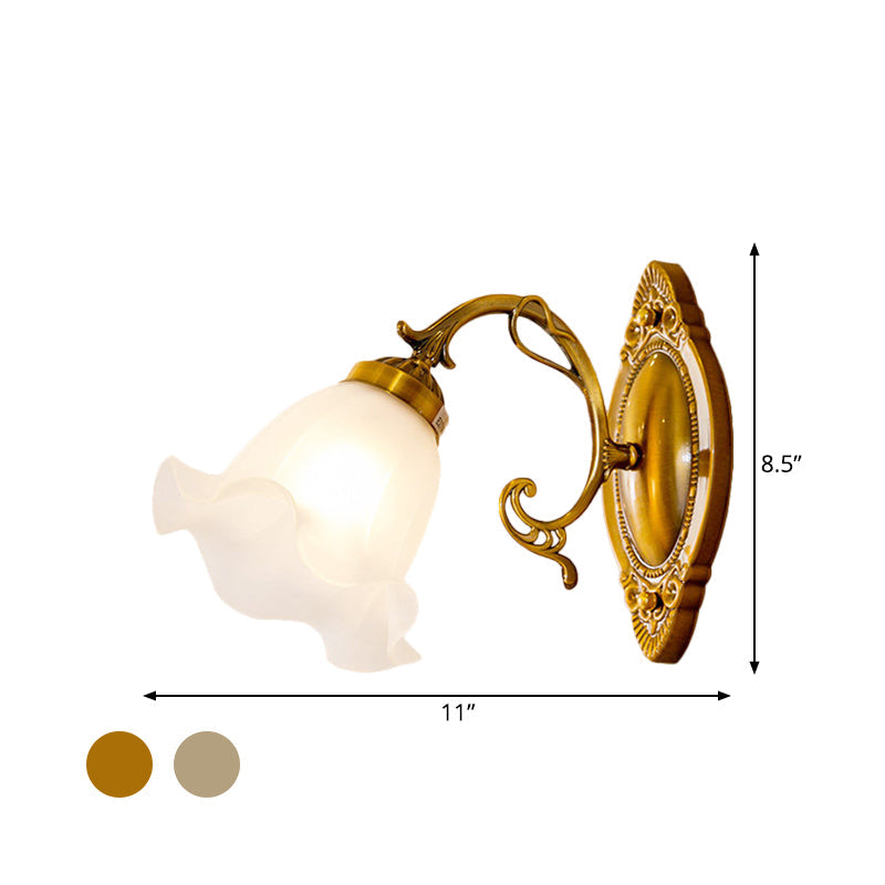 Opal Glass Wall Light Fixture - Traditional Brass/Bronze Finish Flower Design Indoor Lamp