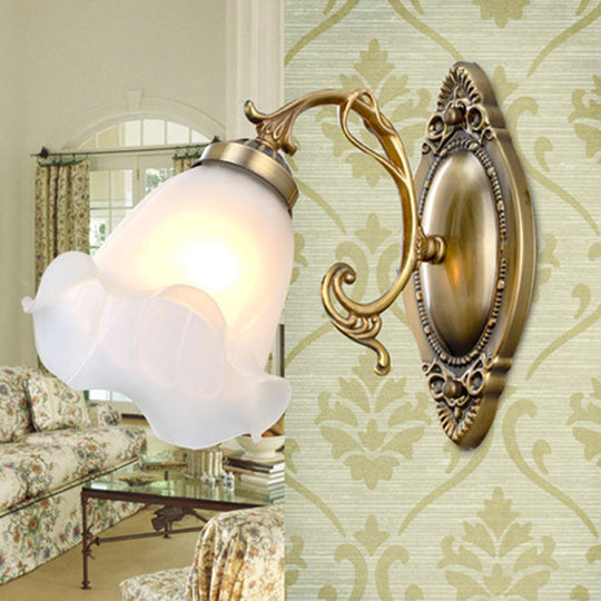 Opal Glass Wall Light Fixture - Traditional Brass/Bronze Finish Flower Design Indoor Lamp Bronze