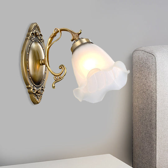 Opal Glass Wall Light Fixture - Traditional Brass/Bronze Finish Flower Design Indoor Lamp