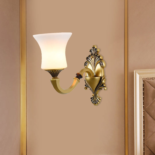 Antiqued Frosted Glass Bell Wall Lamp Fixture With Brass Accent For Bedroom Up Mounting