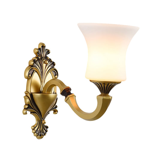 Antiqued Frosted Glass Bell Wall Lamp Fixture With Brass Accent For Bedroom Up Mounting