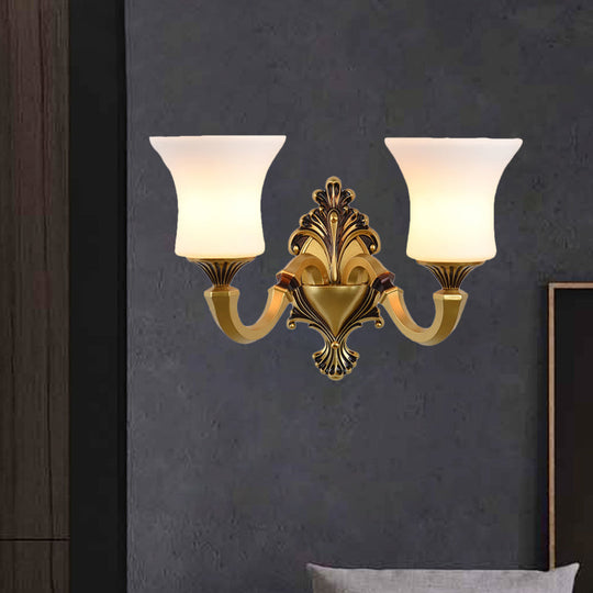 Antiqued Frosted Glass Bell Wall Lamp Fixture With Brass Accent For Bedroom Up Mounting