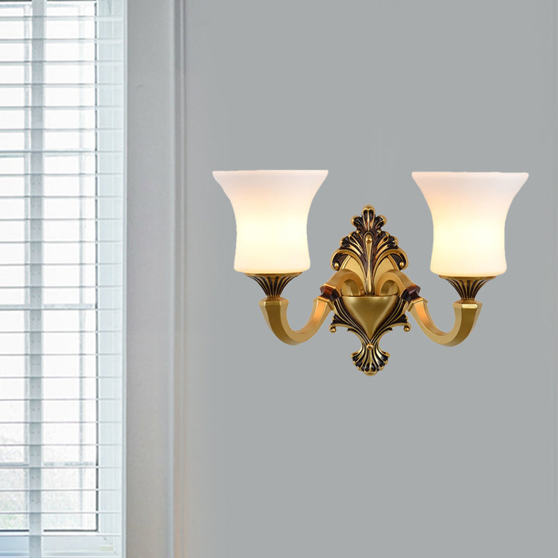 Antiqued Frosted Glass Bell Wall Lamp Fixture With Brass Accent For Bedroom Up Mounting