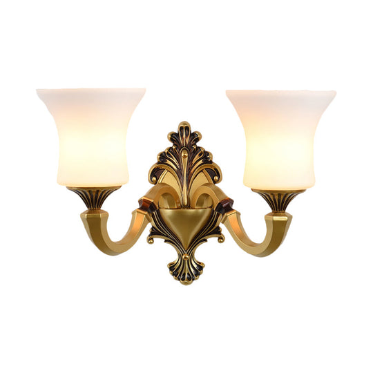 Antiqued Frosted Glass Bell Wall Lamp Fixture With Brass Accent For Bedroom Up Mounting