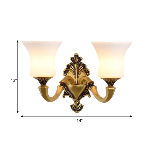 Antiqued Frosted Glass Bell Wall Lamp Fixture With Brass Accent For Bedroom Up Mounting