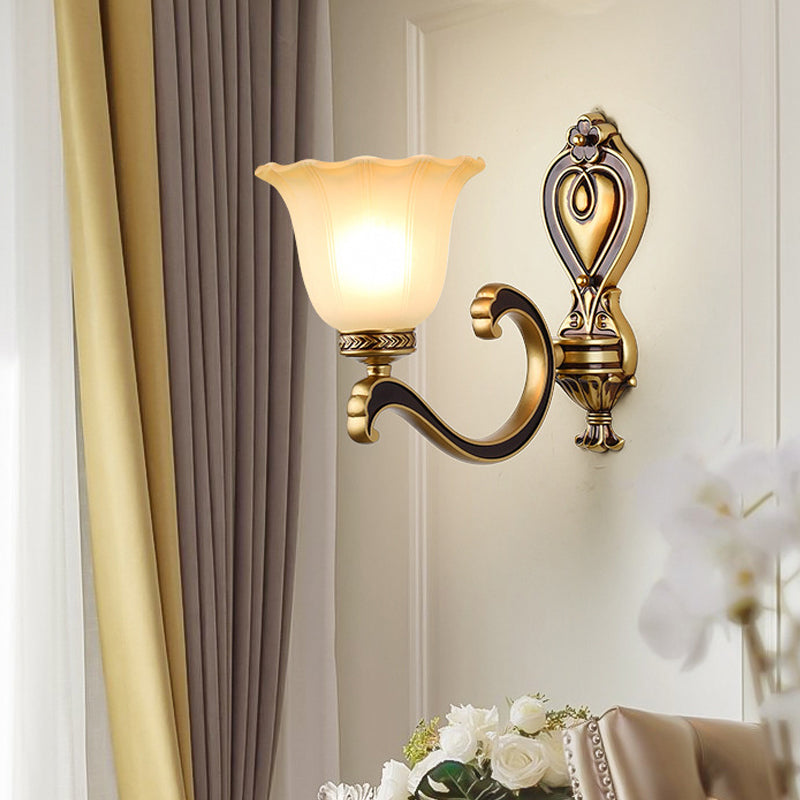 Antiqued Frosted Glass Bell Wall Lamp Fixture With Brass Accent For Bedroom Up Mounting