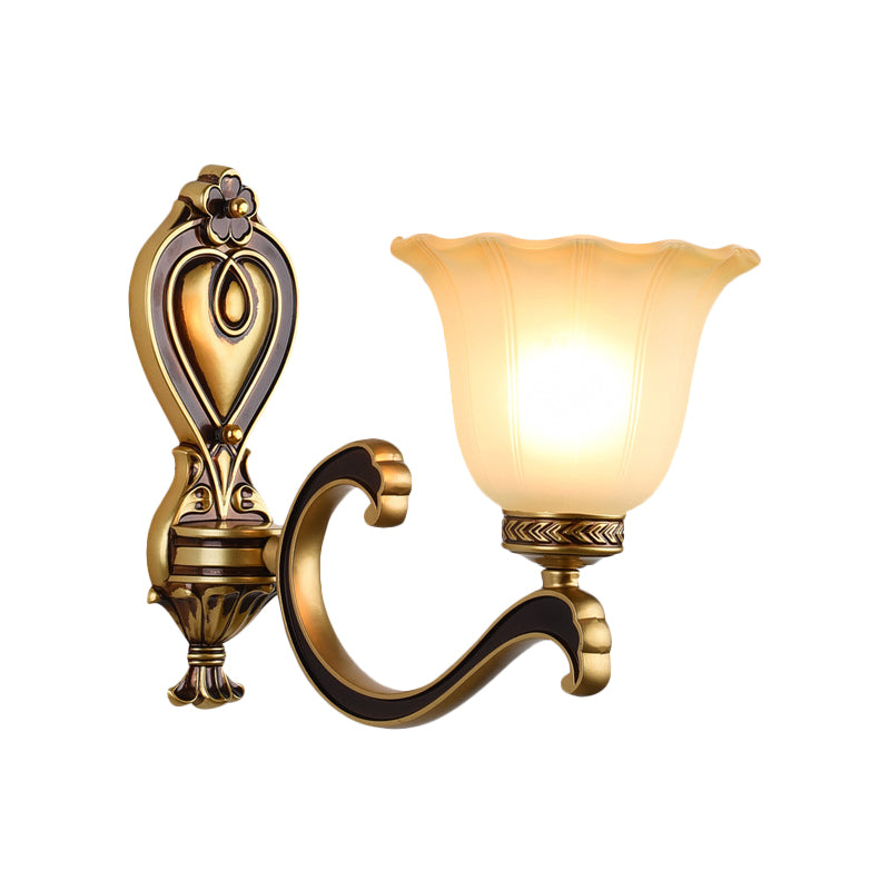 Antiqued Frosted Glass Bell Wall Lamp Fixture With Brass Accent For Bedroom Up Mounting