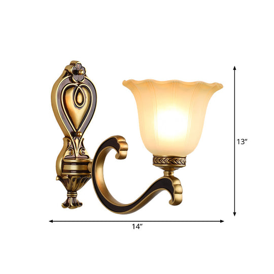 Antiqued Frosted Glass Bell Wall Lamp Fixture With Brass Accent For Bedroom Up Mounting