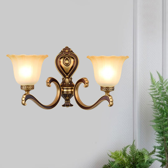 Antiqued Frosted Glass Bell Wall Lamp Fixture With Brass Accent For Bedroom Up Mounting 2 / B