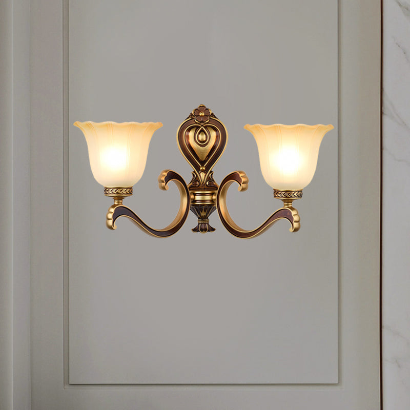 Antiqued Frosted Glass Bell Wall Lamp Fixture With Brass Accent For Bedroom Up Mounting