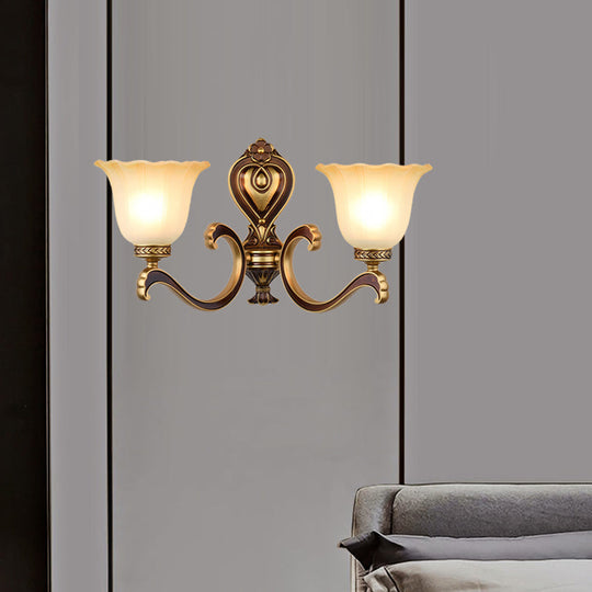 Antiqued Frosted Glass Bell Wall Lamp Fixture With Brass Accent For Bedroom Up Mounting