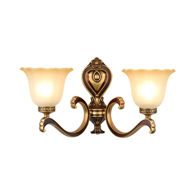 Antiqued Frosted Glass Bell Wall Lamp Fixture With Brass Accent For Bedroom Up Mounting