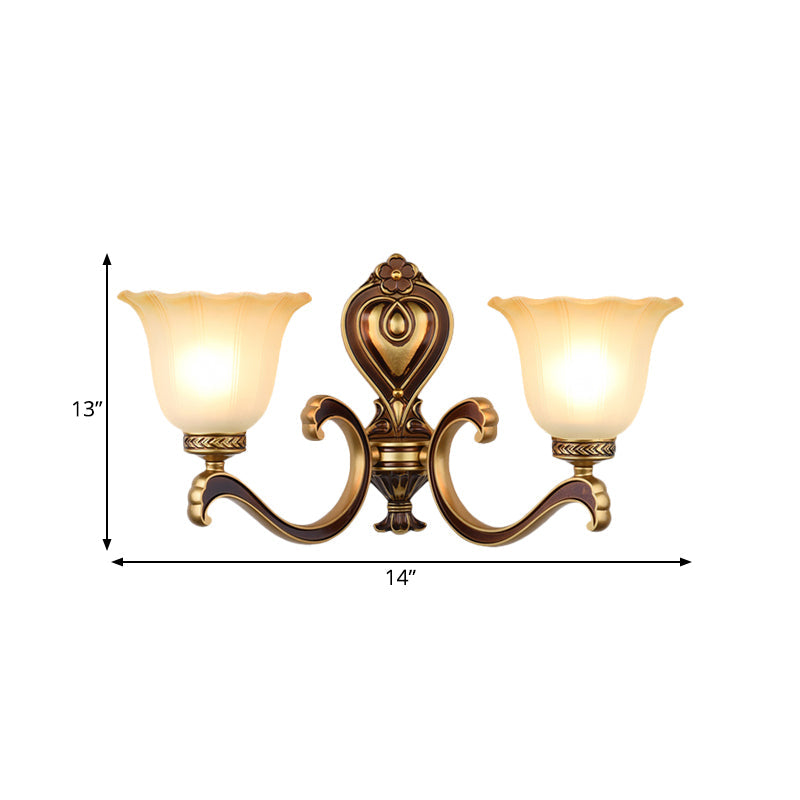 Antiqued Frosted Glass Bell Wall Lamp Fixture With Brass Accent For Bedroom Up Mounting