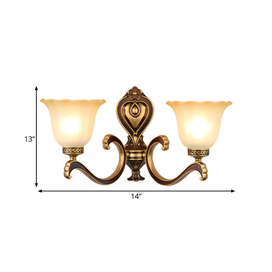 Antiqued Frosted Glass Bell Wall Lamp Fixture With Brass Accent For Bedroom Up Mounting