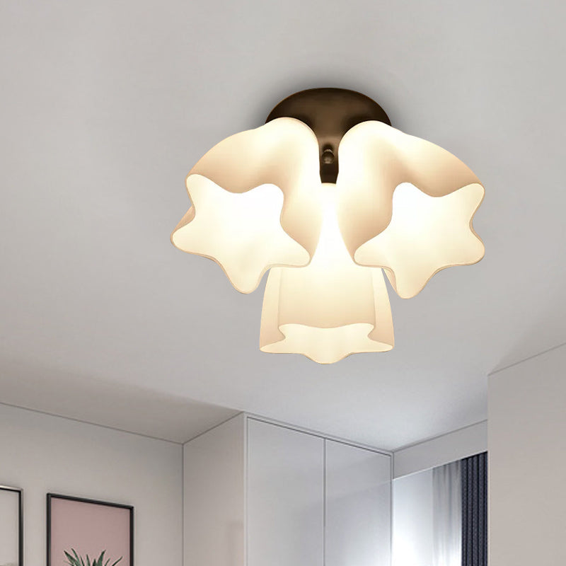 Simple White Glass Star Semi Flush Mount Light - 3/5 Bulb Bedroom Ceiling Lighting Fixture