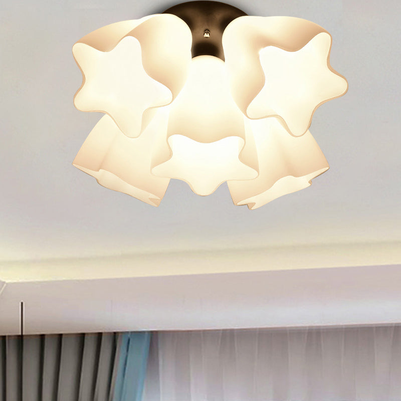 Simple White Glass Star Semi Flush Mount Light - 3/5 Bulb Bedroom Ceiling Lighting Fixture