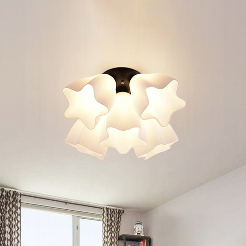 Simple White Glass Star Semi Flush Mount Light - 3/5 Bulb Bedroom Ceiling Lighting Fixture