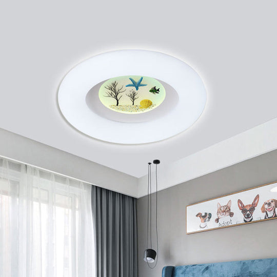 Ocean Pattern LED Flush Mount for Kids Room - White Ring Ceiling Fixture