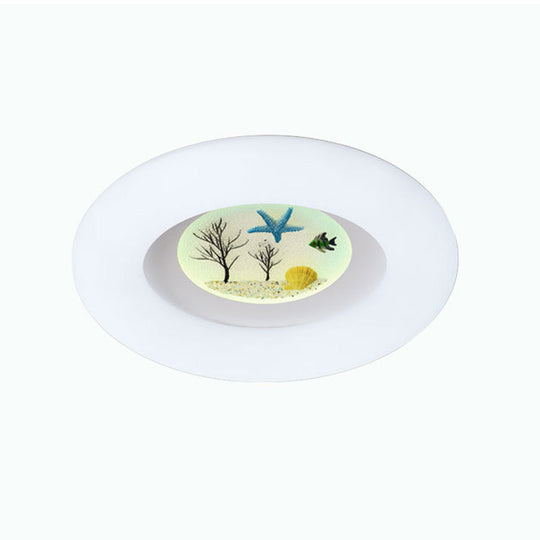 Ocean Pattern LED Flush Mount for Kids Room - White Ring Ceiling Fixture