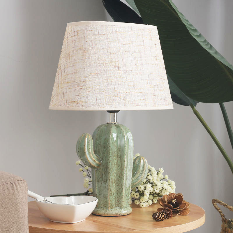 Green Cactus Table Light: Contemporary Porcelain Lamp With Fabric Shade - Perfect For Bedside