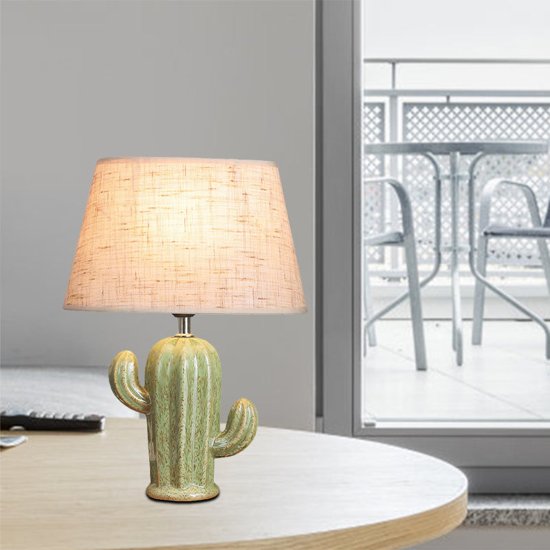 Green Cactus Table Light: Contemporary Porcelain Lamp With Fabric Shade - Perfect For Bedside