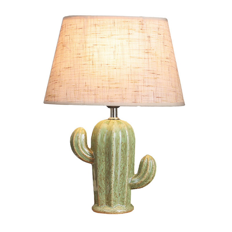 Green Cactus Table Light: Contemporary Porcelain Lamp With Fabric Shade - Perfect For Bedside