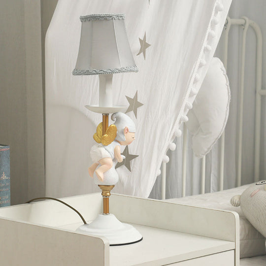 Small Elf Base Bedside Desk Light For Kids With White And Gold Empire Shade