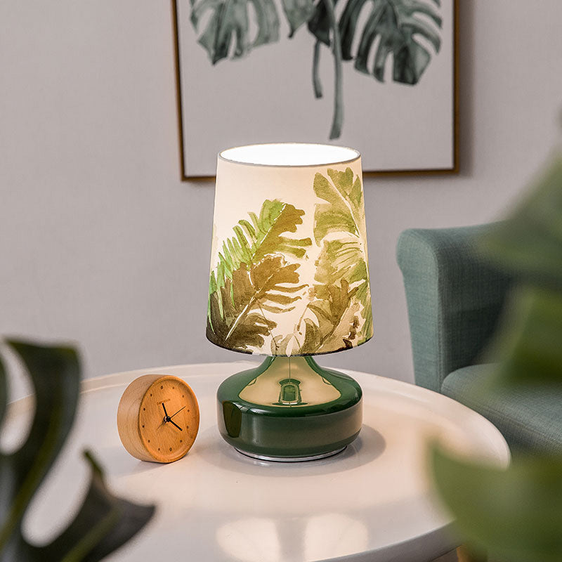 Nordic Barrel Night Lamp - Green Fabric Table Light With Leaves Pattern