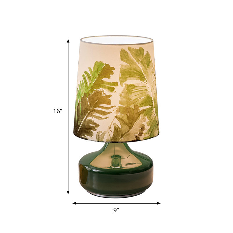 Nordic Barrel Night Lamp - Green Fabric Table Light With Leaves Pattern