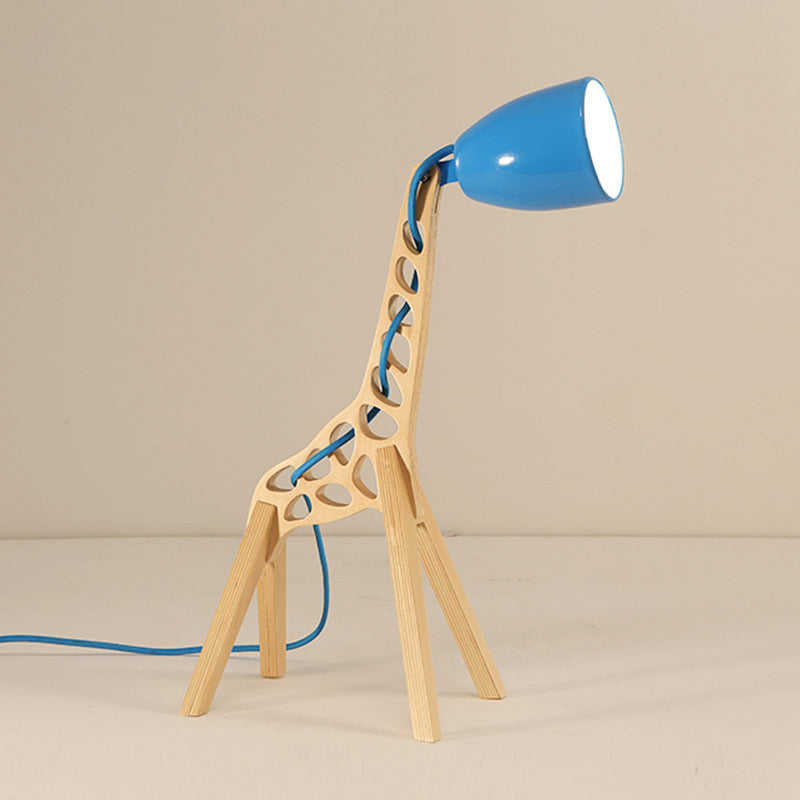 Cartoon Giraffe Night Light Table Lamp - Metal 1-Light With Wood Base In Blue/Red/Green