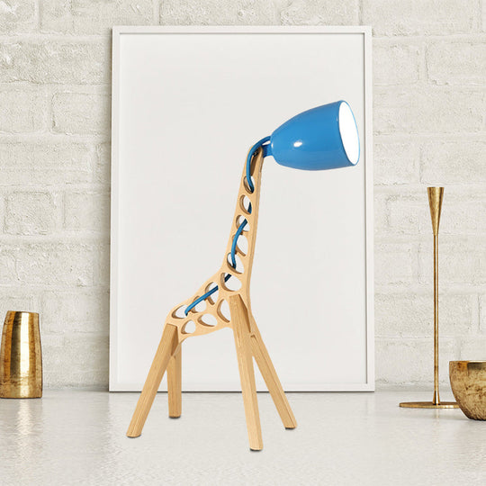 Cartoon Giraffe Night Light Table Lamp - Metal 1-Light With Wood Base In Blue/Red/Green