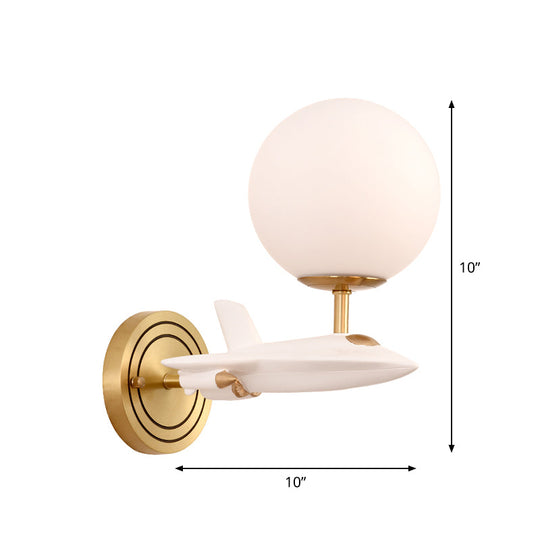 Gold Spaceship Wall Sconce With Cream Glass Globe For Kids Room - 1/2 Bulb Fixture In White &