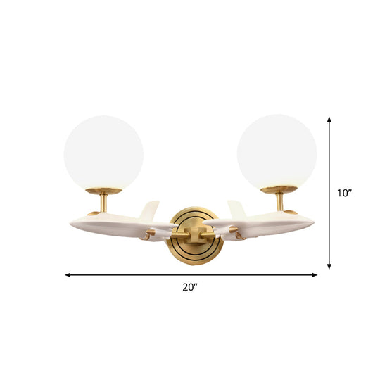 Gold Spaceship Wall Sconce With Cream Glass Globe For Kids Room - 1/2 Bulb Fixture In White &